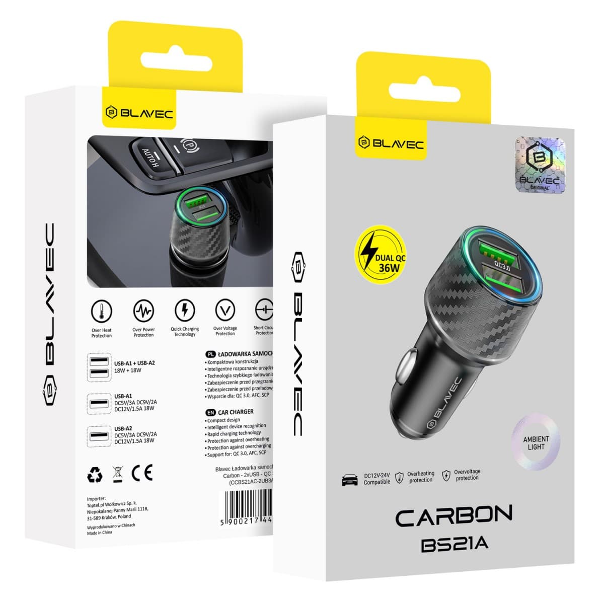 Adaptér do auta Blavec BS21A Carbon s funkcí rychlonabíjení (CCBS21AC-2UB3A) Dual 36W černý - náhled 1