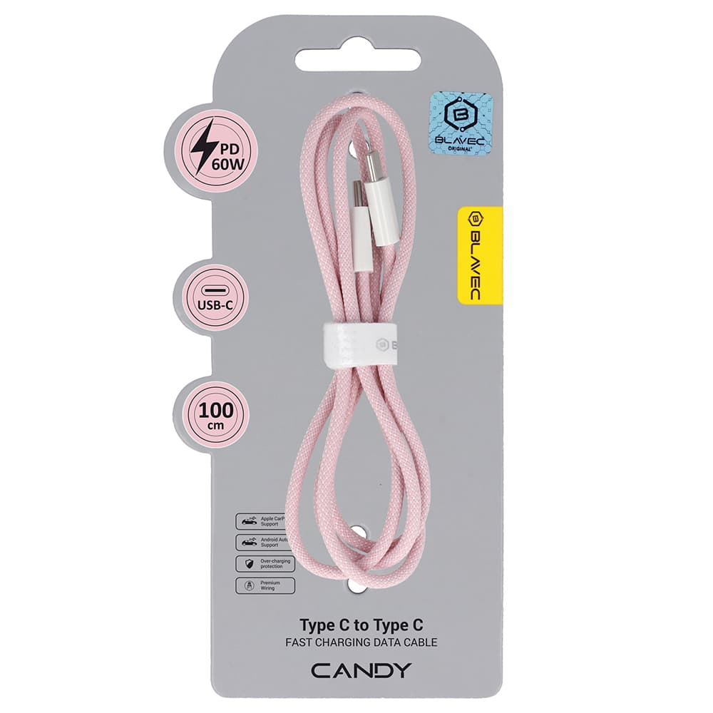 Datový kabel Blavec Candy Braided USB-C - USB-C PD 60W 3A 1m (CCA-CC3P10) růžový - náhled 1