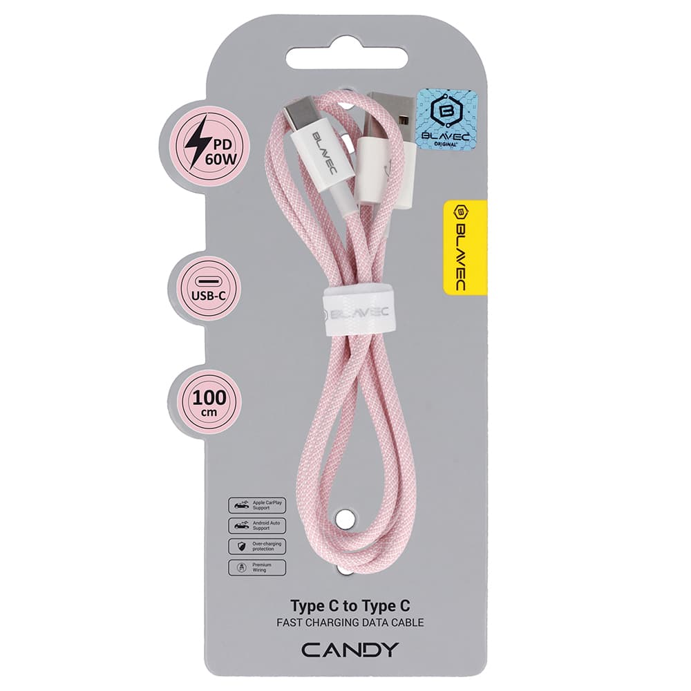 Datový kabel Blavec Candy Braided USB-A - USB-C PD 60W 3A 1m (CCA-UC3P10) růžový - náhled 1