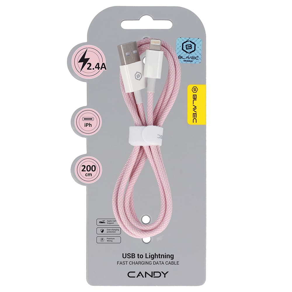 Datový kabel Blavec Candy Braided USB-A - Lightning 2,4A 2m (CCA-UL24P20) růžový - náhled 1