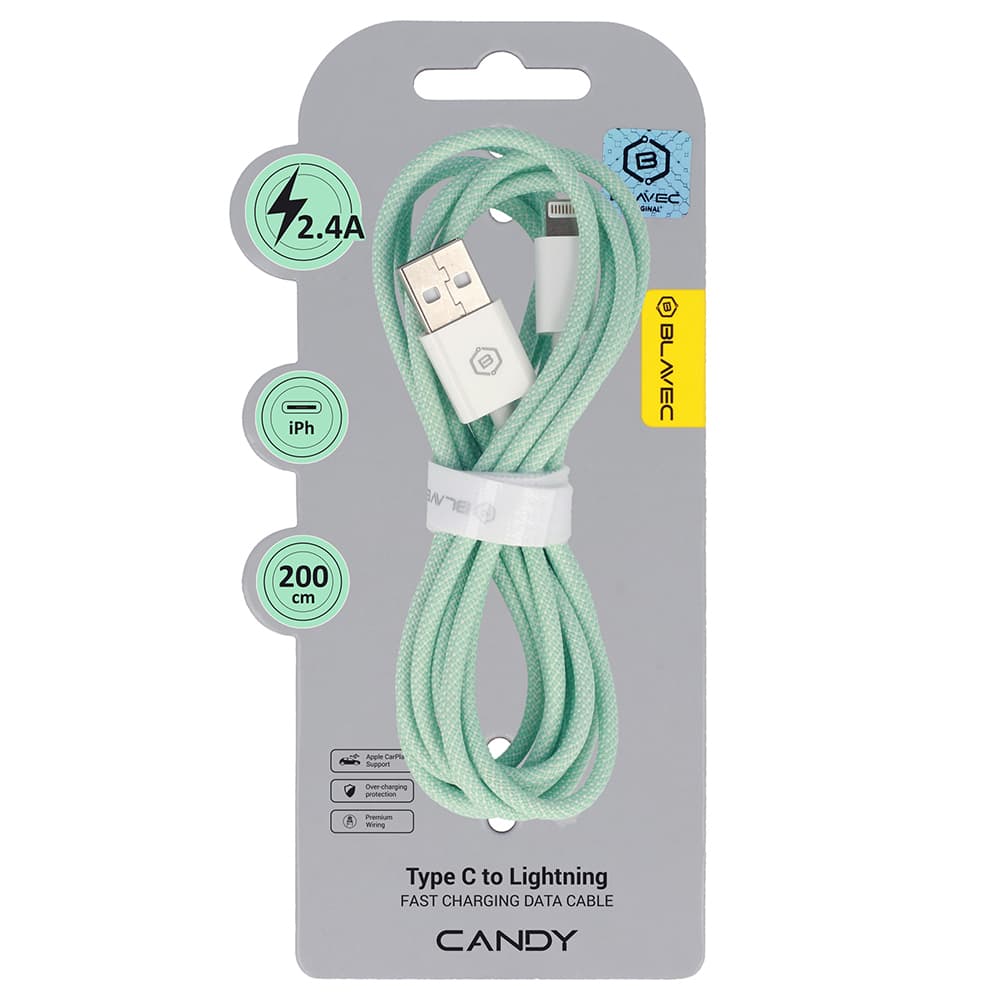 Datový kabel Blavec Candy Braided USB-A - Lightning 2,4A 2m (CCA-UL24GN20) zelený - náhled 1