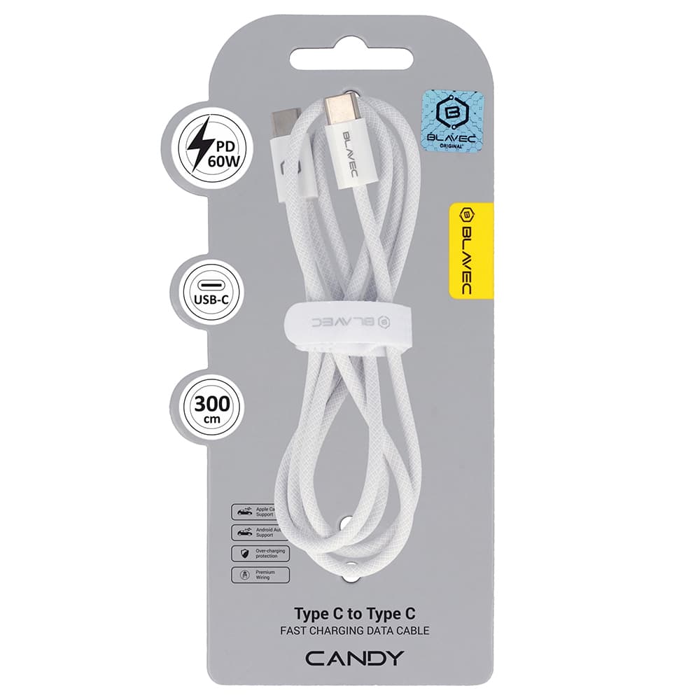 Datový kabel Blavec Candy Braided USB-C - USB-C PD 60W 3A 3m (CCA-CC3W30) bílý - náhled 1