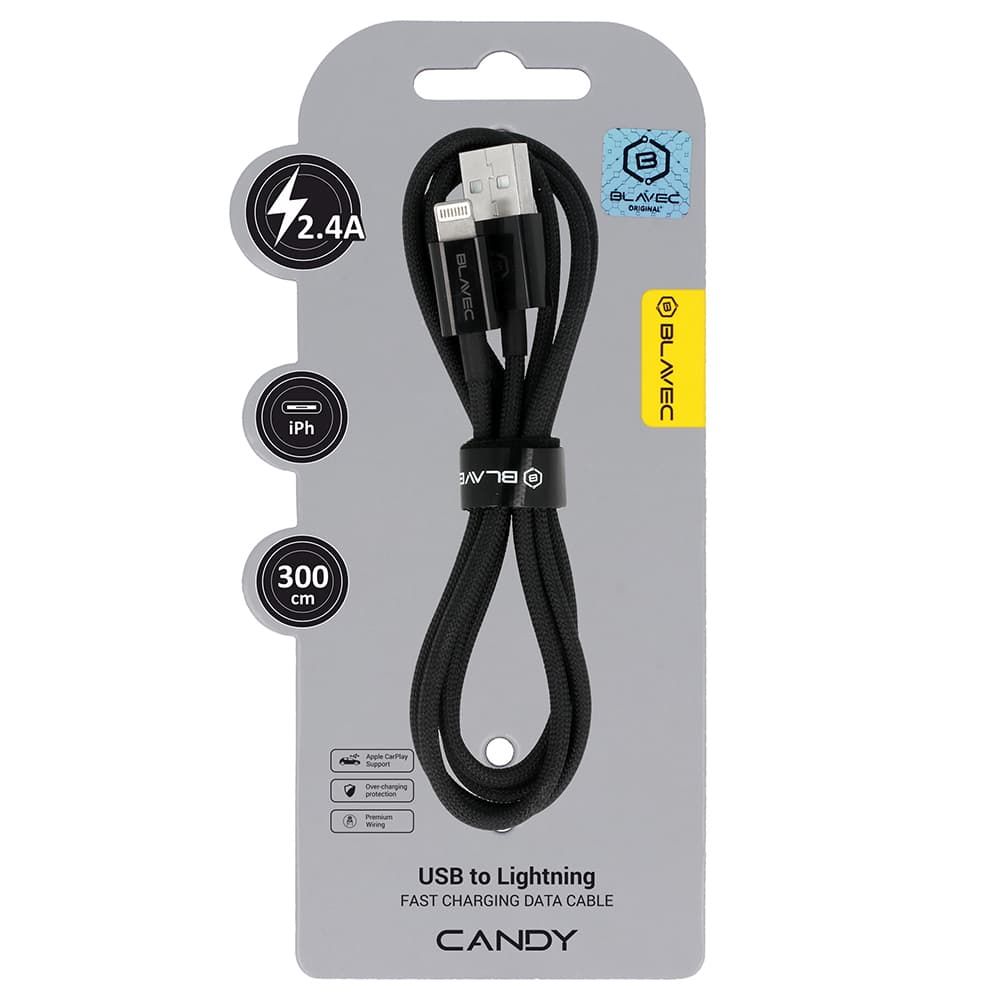 Datový kabel Blavec Candy Braided USB-A - Lightning 2,4A 3m (CCA-UL24B30) černý - náhled 1