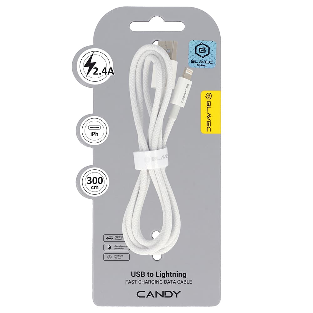 Datový kabel Blavec Candy Braided USB-A - Lightning 2,4A 3m (CCA-UL24W30) bílý - náhled 1