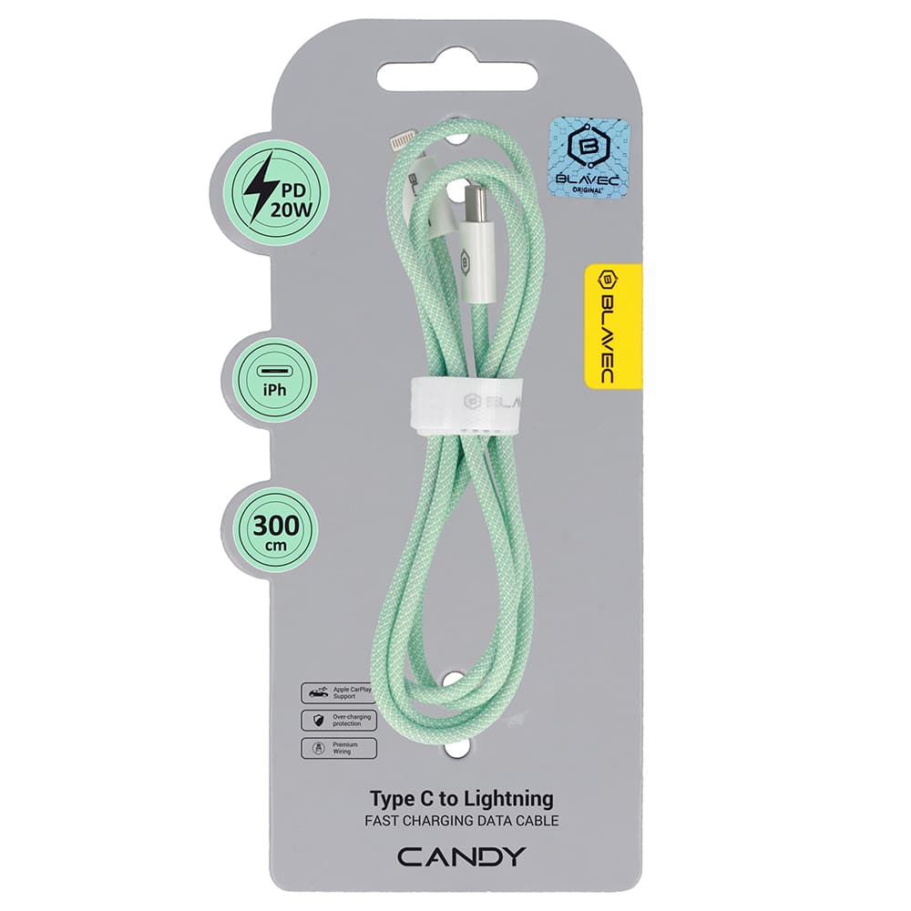 Datový kabel Blavec Candy Braided USB-C - Lightning PD 20W 2,4A 3m (CCA-CL24GN30) zelený - náhled 1