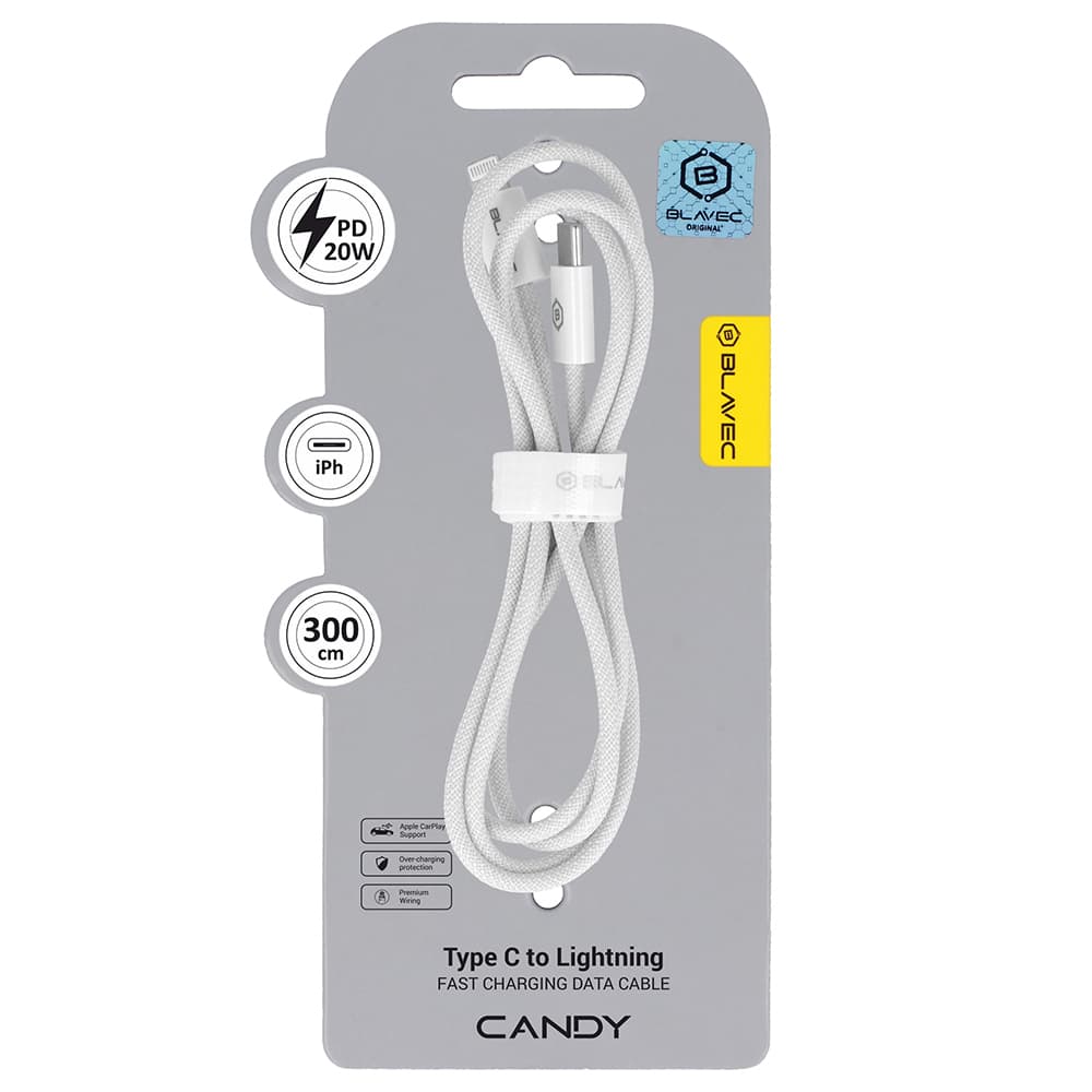 Datový kabel Blavec Candy Braided USB-C - Lightning PD 20W 2,4A 3m (CCA-CL24W30) bílý - náhled 1