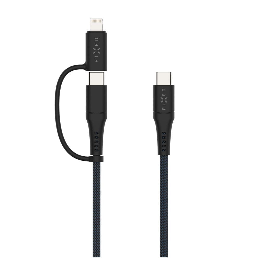 Dlouhý nabíjecí a datový opletený kabel FIXED s konektory USB-C-USB-C a Lightning adaptérem, PD, 2m, MFi, PD 60W, šedý - náhled 1