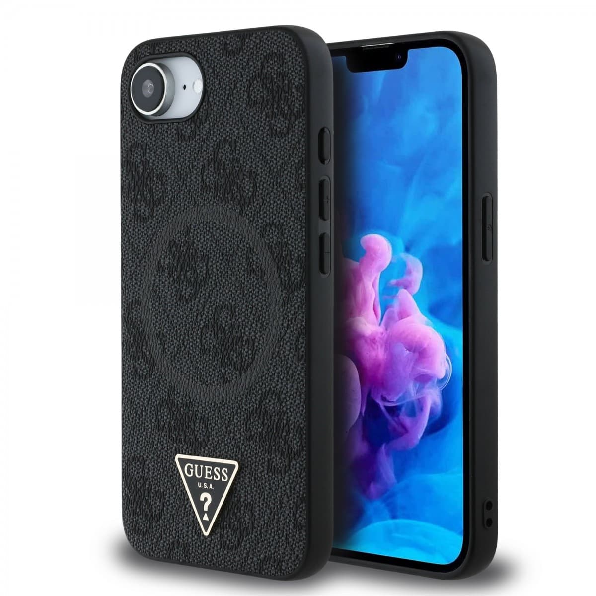 Zadní kryt Guess PU 4G Strass Triangle Metal Logo pro iPhone 16e Black - náhled 1