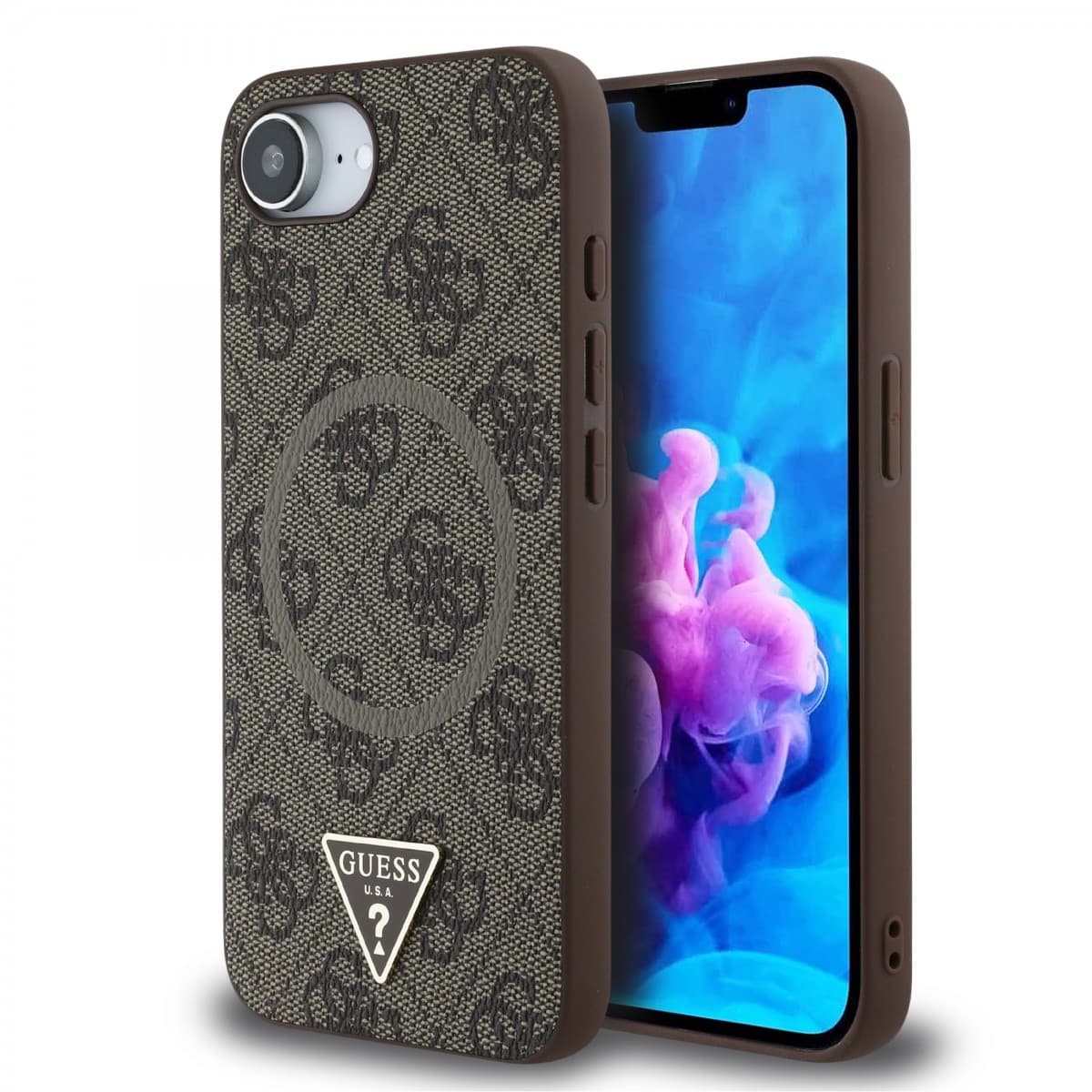 Zadní kryt Guess PU 4G Strass Triangle Metal Logo pro iPhone 16e Brown - náhled 1