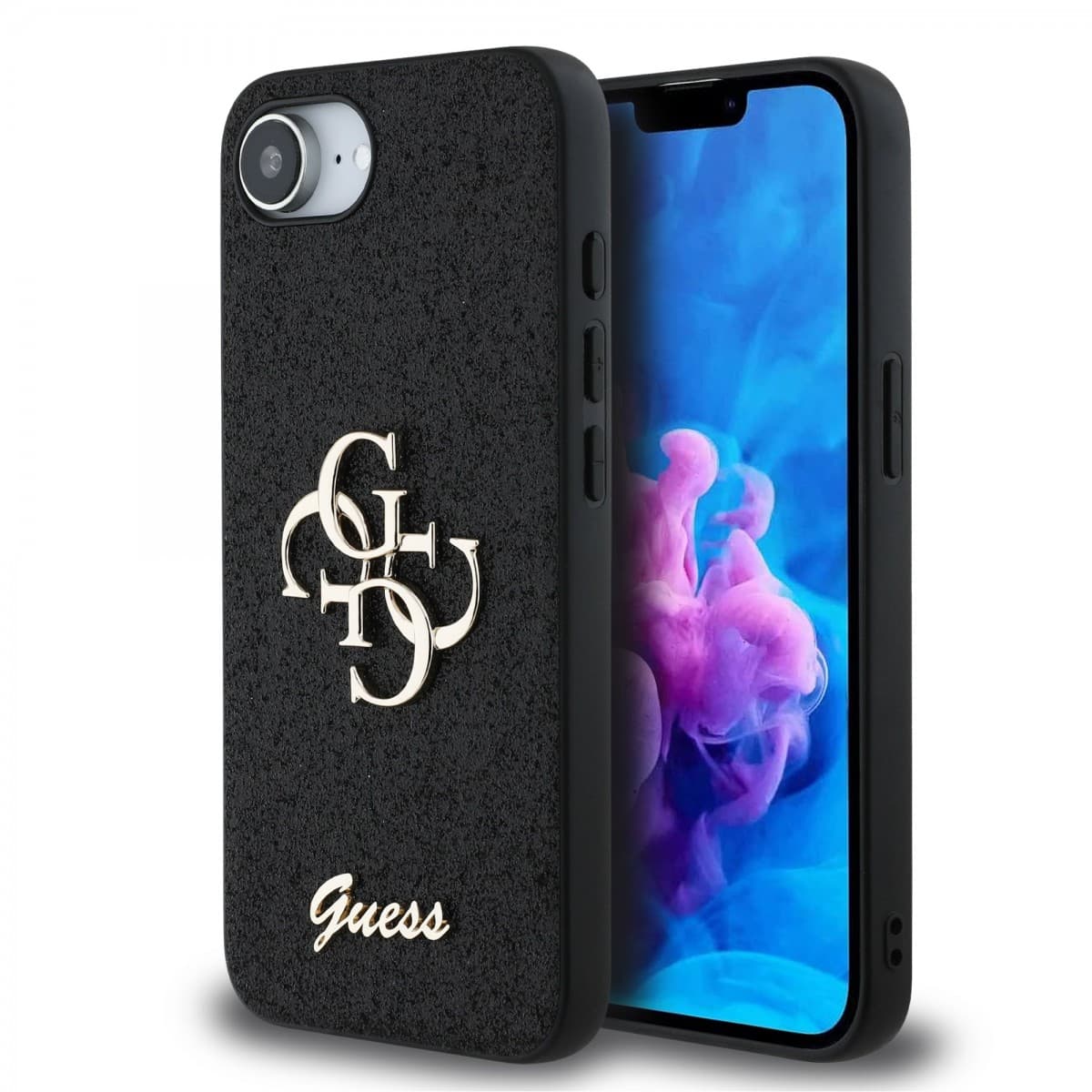 Zadní kryt Guess PU Fixed Glitter 4G Metal Logo pro iPhone 16e Black - náhled 1