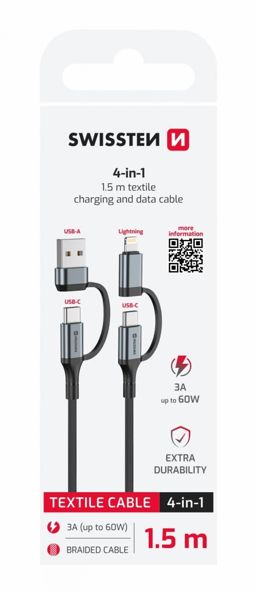 Datový kabel Swissten 4v1 3A 1,5 m černý - náhled 1