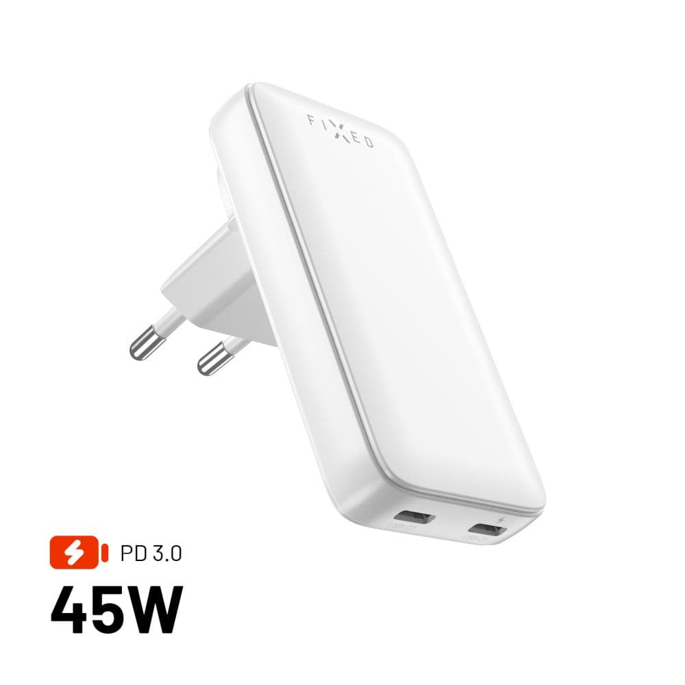 Síťový GaN adaptér FIXED Slim Traveller s 2x USB-C výstupem s vyměnitelnými adaptéry, 45W, bílý - náhled 1