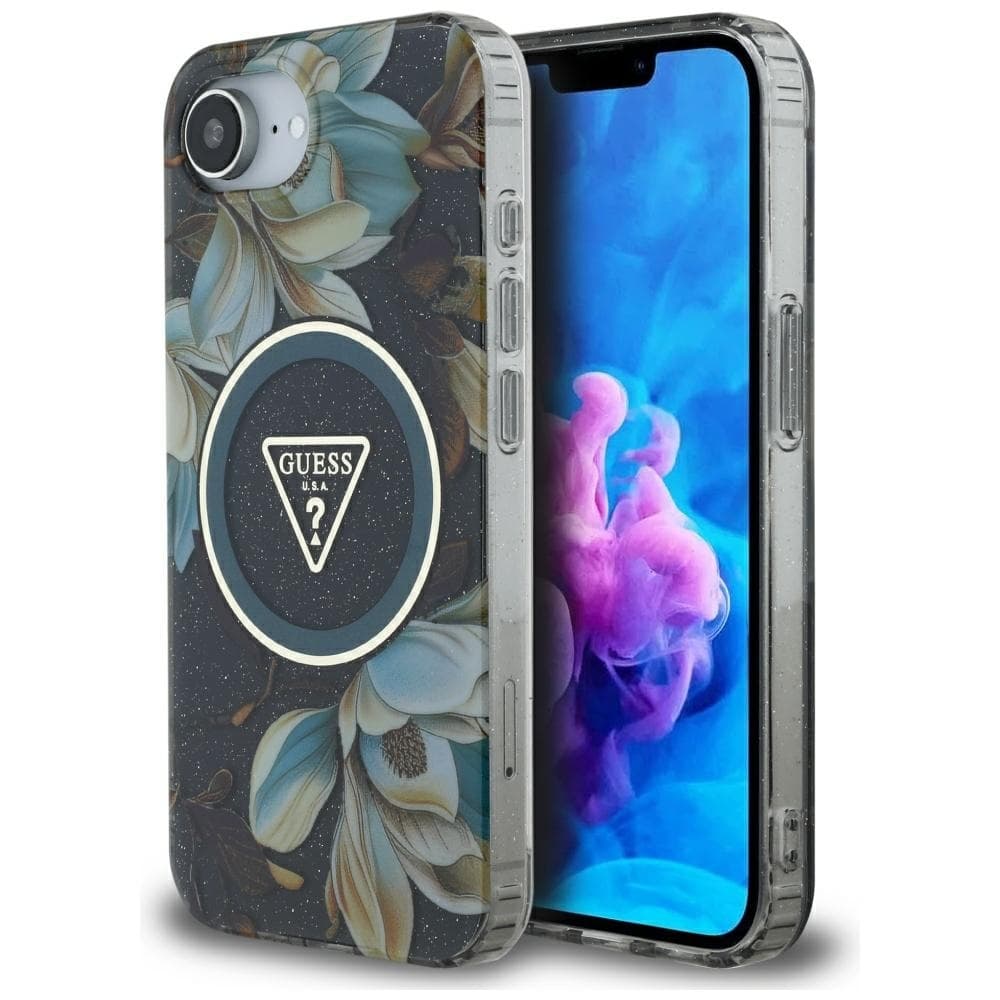 Zadní kryt GUESS IML Metal Glitter Flowers Triangle MagSafe pro iPhone 16e black - náhled 1