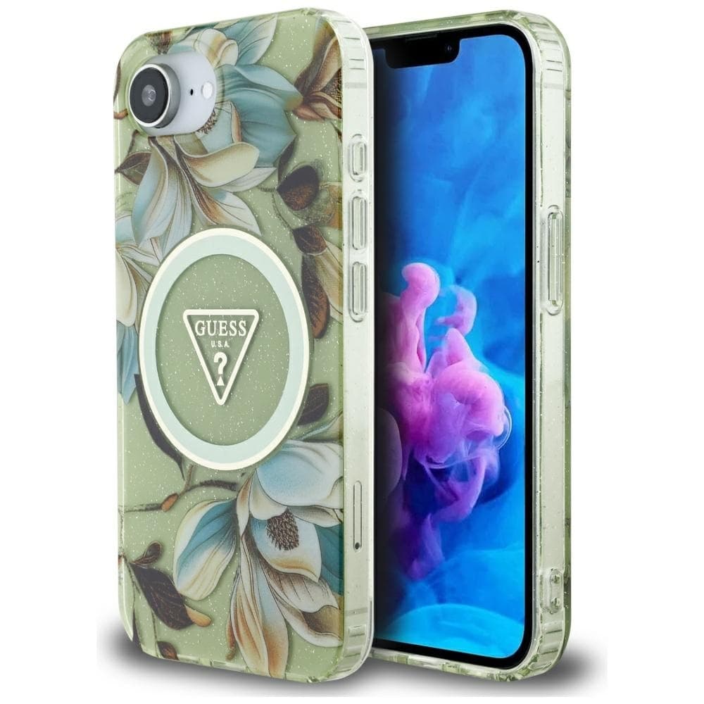 Zadní kryt GUESS IML Metal Glitter Flowers Triangle MagSafe pro iPhone 16e green - náhled 1