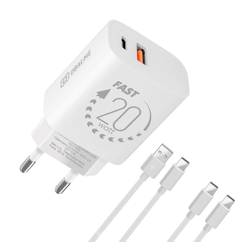 Rychlonabíječka OBAL:ME USB-A + USB-C 20W + 2x kabel 1m White - náhled 1