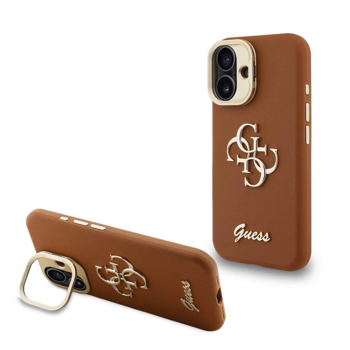 Zadní kryt Guess PU Grained 4G Logo Stand Camera Frame pro iPhone 16 Brown - náhled 1