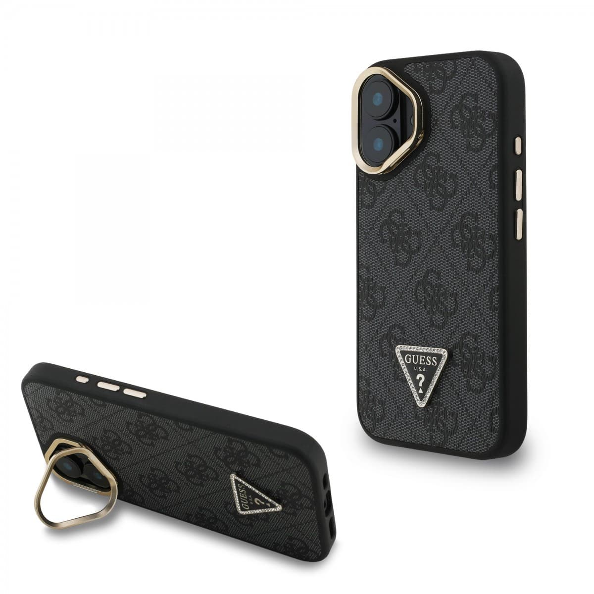 Zadní kryt Guess PU 4G Strass Triangle Logo Stand Camera Frame MagSafe pro iPhone 16 Black - náhled 1