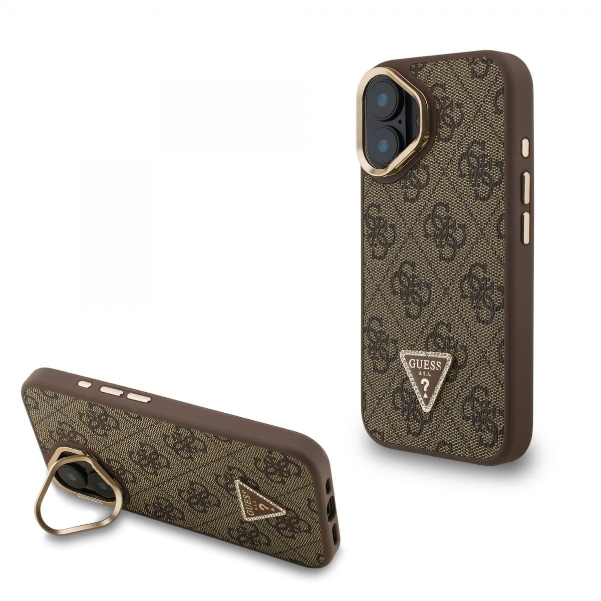 Zadní kryt Guess PU 4G Strass Triangle Logo Stand Camera Frame MagSafe pro iPhone 16 Brown - náhled 1