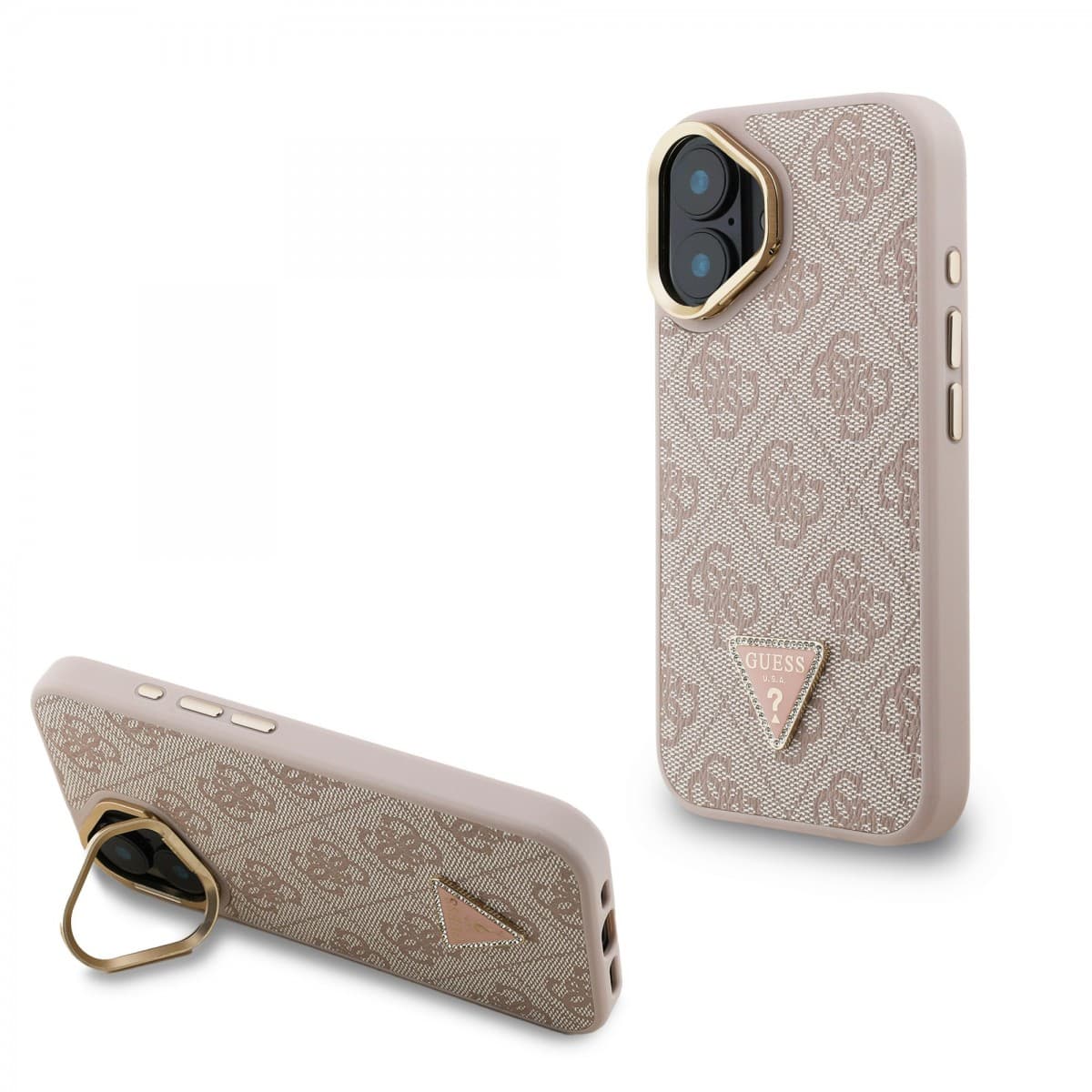 Zadní kryt Guess PU 4G Strass Triangle Logo Stand Camera Frame MagSafe pro iPhone 16 Pink - náhled 1