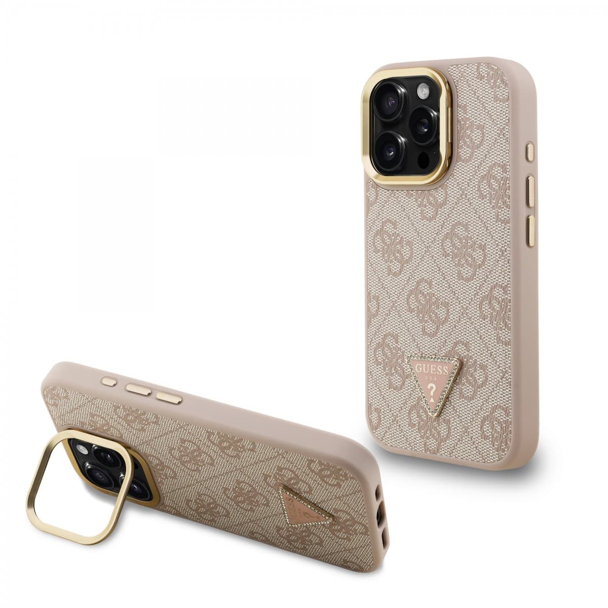 Zadní kryt Guess PU 4G Strass Triangle Logo Stand Camera Frame MagSafe pro iPhone 15 Pro Max Pink - náhled 1