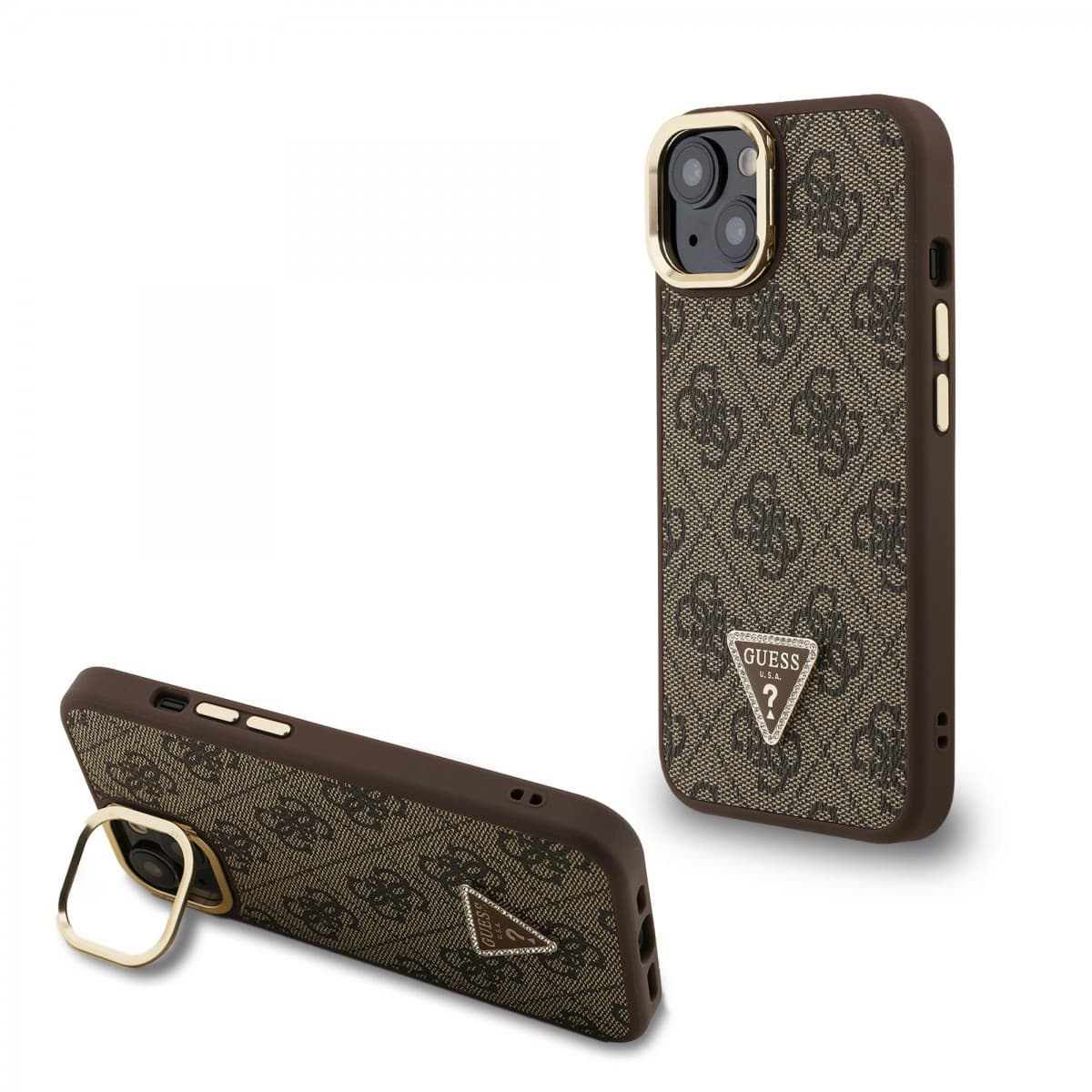 Zadní kryt Guess PU 4G Strass Triangle Logo Stand Camera Frame MagSafe pro iPhone 14 Brown - náhled 1
