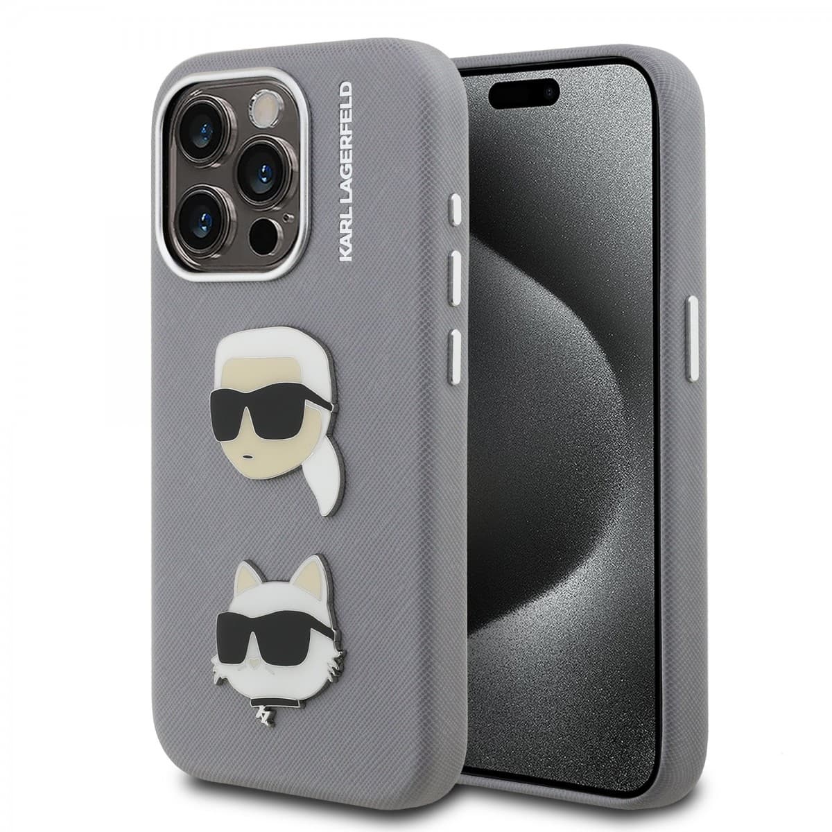 Zadní kryt Karl Lagerfeld Grained PU K&amp;CH Heads pro iPhone 15 Pro Max Grey - náhled 1