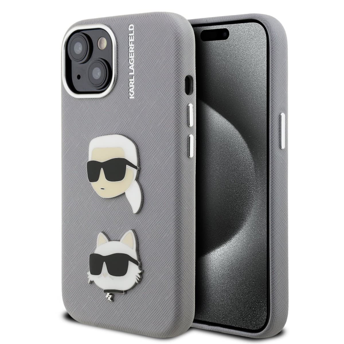 Zadní kryt Karl Lagerfeld Grained PU K&amp;CH Heads pro iPhone 15 Grey - náhled 1