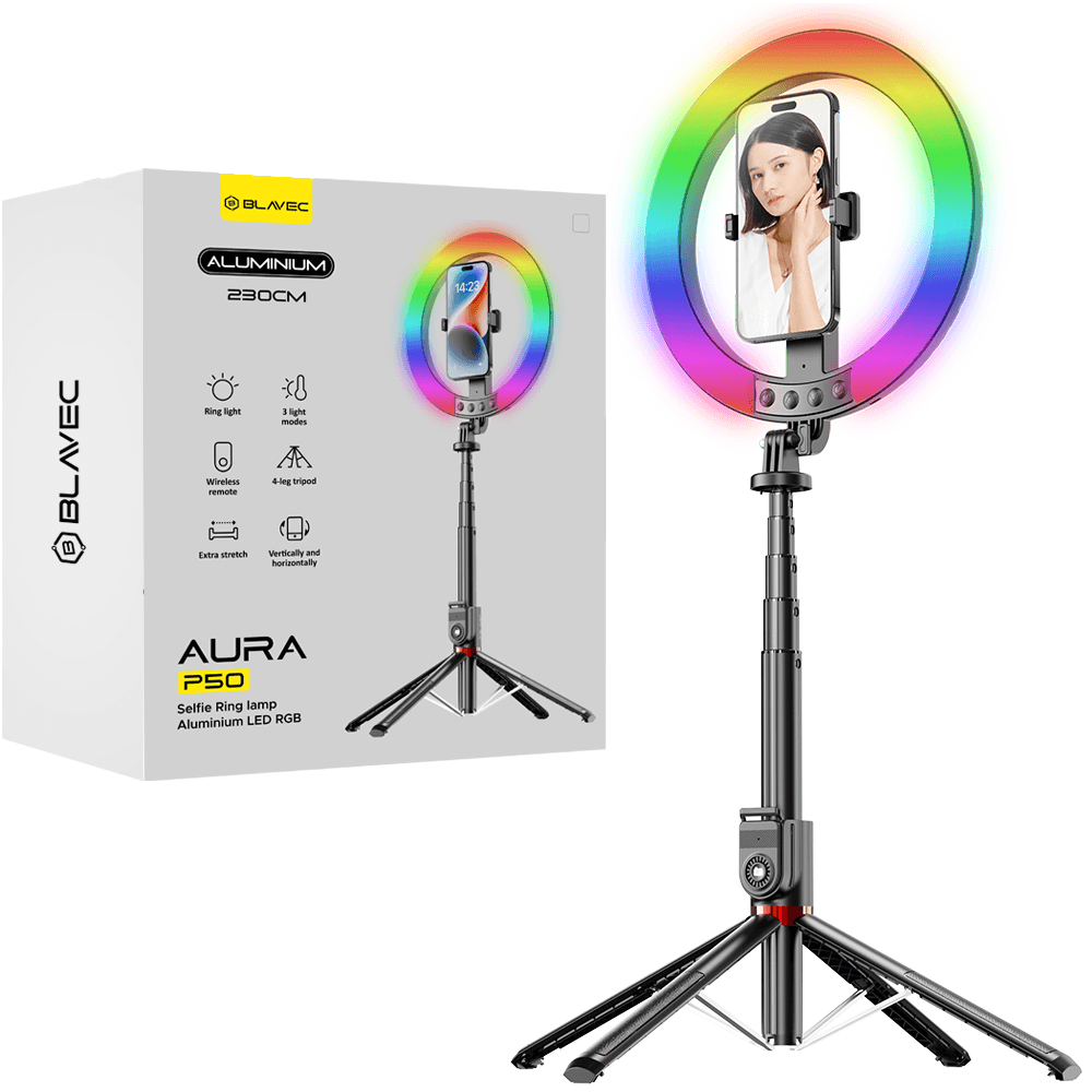 Blavec selfie kruhové světlo hliníkové Aura LED RGB Ring P50 25 cm se stativem a dálkovým ovládáním, kabel 2,3 m, černé (RLP50-TRB23)