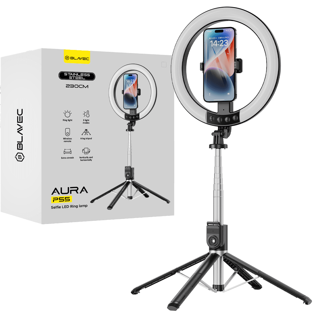 Blavec selfie kruhová lampa Aura LED Ring P55 25cm stativ + dálkové ovládání + 2,3 metru (RLP55-TRB23) černá - náhled 1