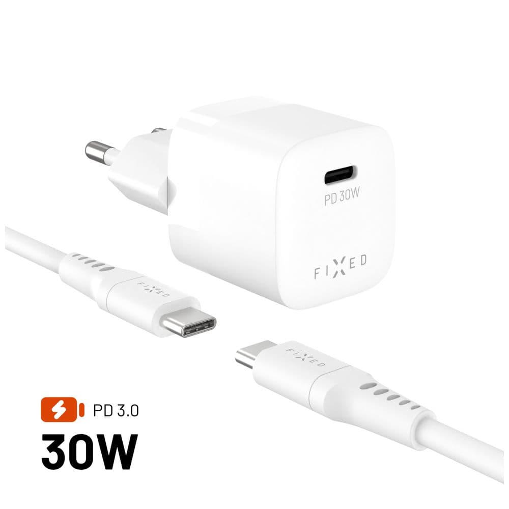 Set síťové GaN nabíječky FIXED Mini s USB-C výstupem a USB-C/USB-C kabelu, podpora PD, 1,2 metr, 30W, bílý - náhled 1