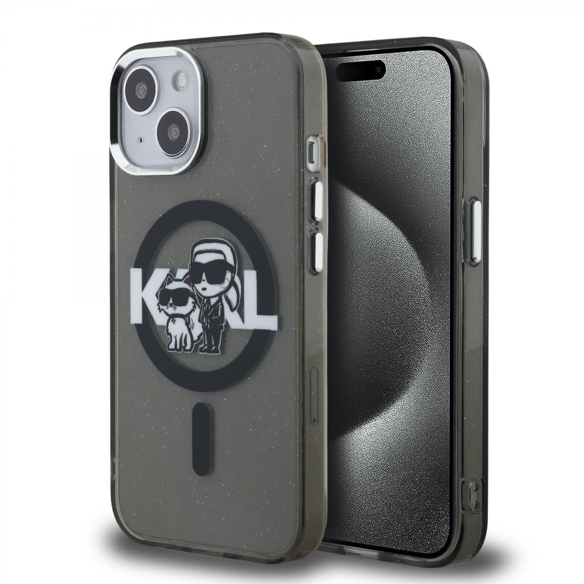 Zadní kryt Karl Lagerfeld IML Glitter Karl and Choupette Sketch MagSafe pro iPhone 15 Black - náhled 1