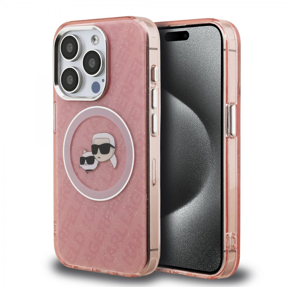 Zadní kryt Karl Lagerfeld IML K&amp;CH Heads Repeated Logo MagSafe pro iPhone 15 Pro Pink - náhled 1