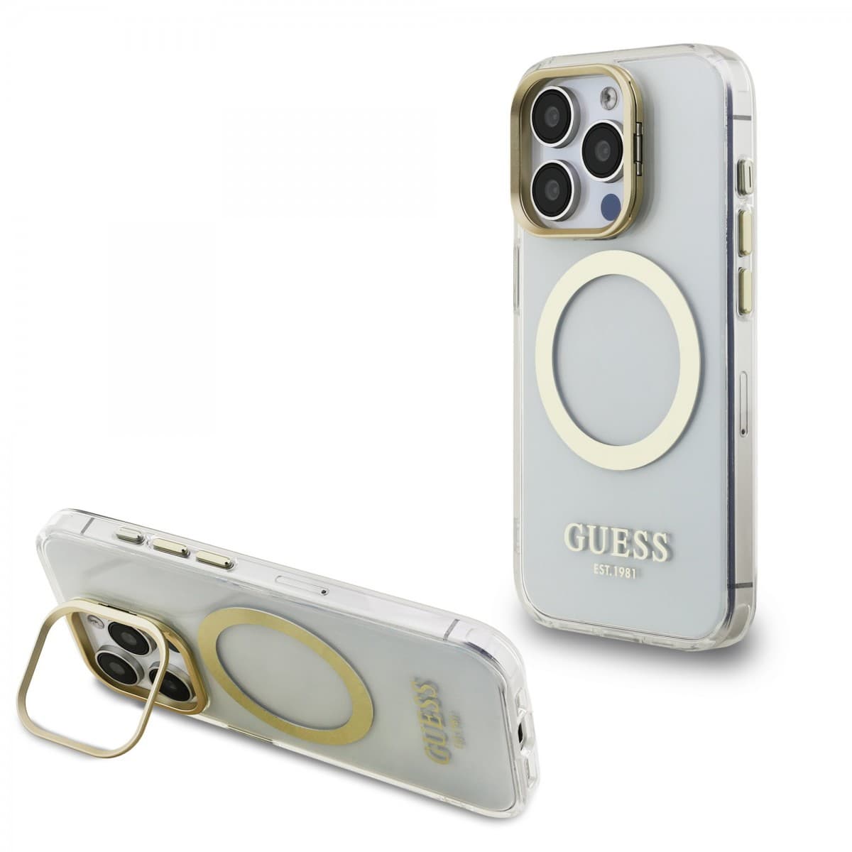 Zadní kryt Guess IML Gold Outline Stand Camera Frame MagSafe pro iPhone 15 Pro Max Transparent - náhled 1