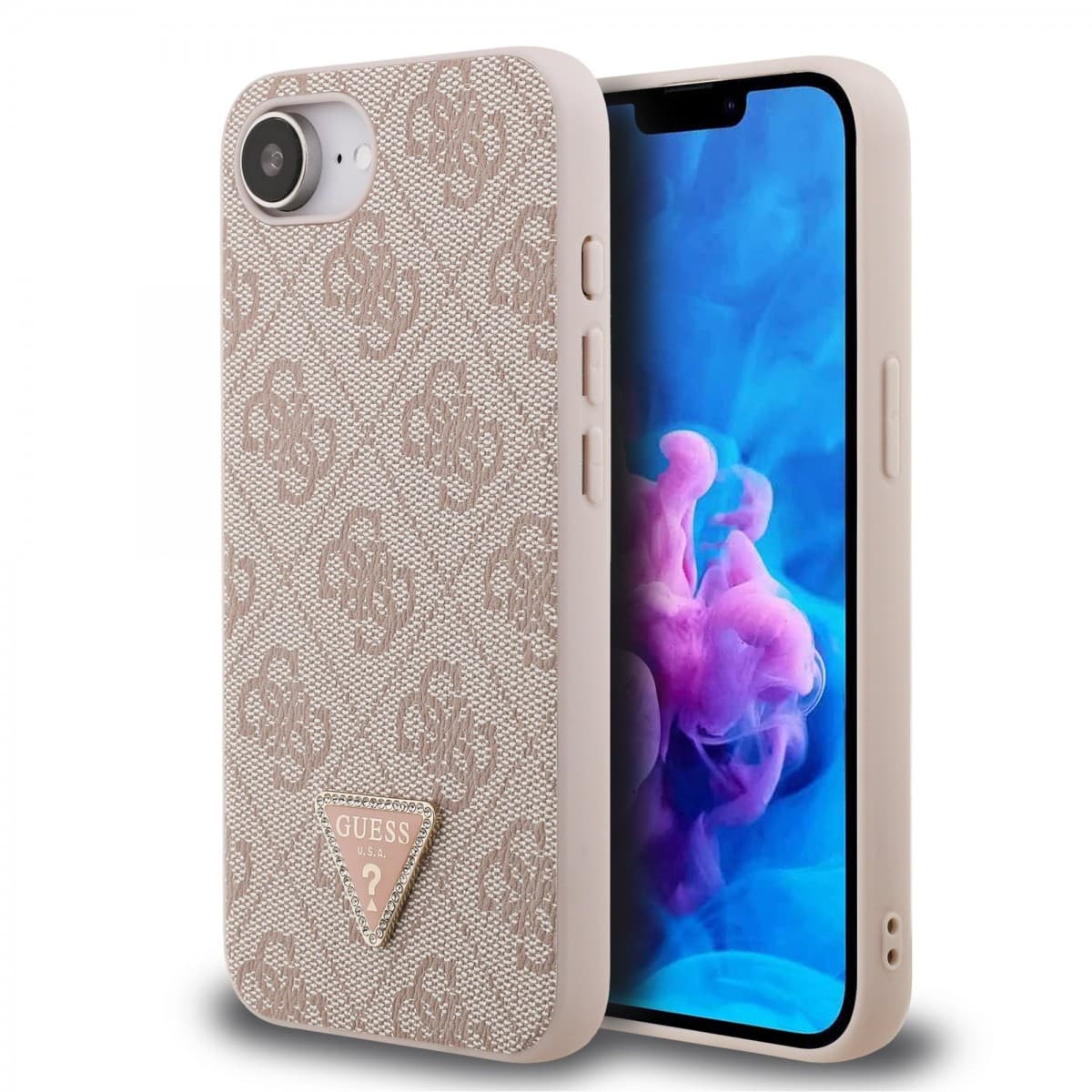 Zadní kryt Guess PU 4G Strass Triangle Metal Logo pro iPhone 16e Pink - náhled 1
