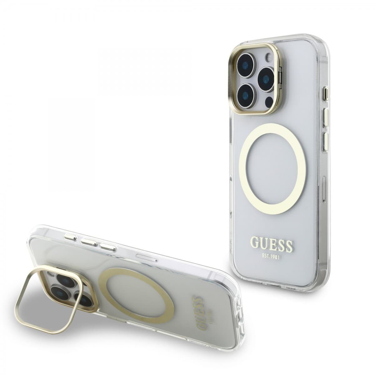 Zadní kryt Guess IML Gold Outline Stand Camera Frame MagSafe pro iPhone 16 Pro Max Transparent - náhled 1