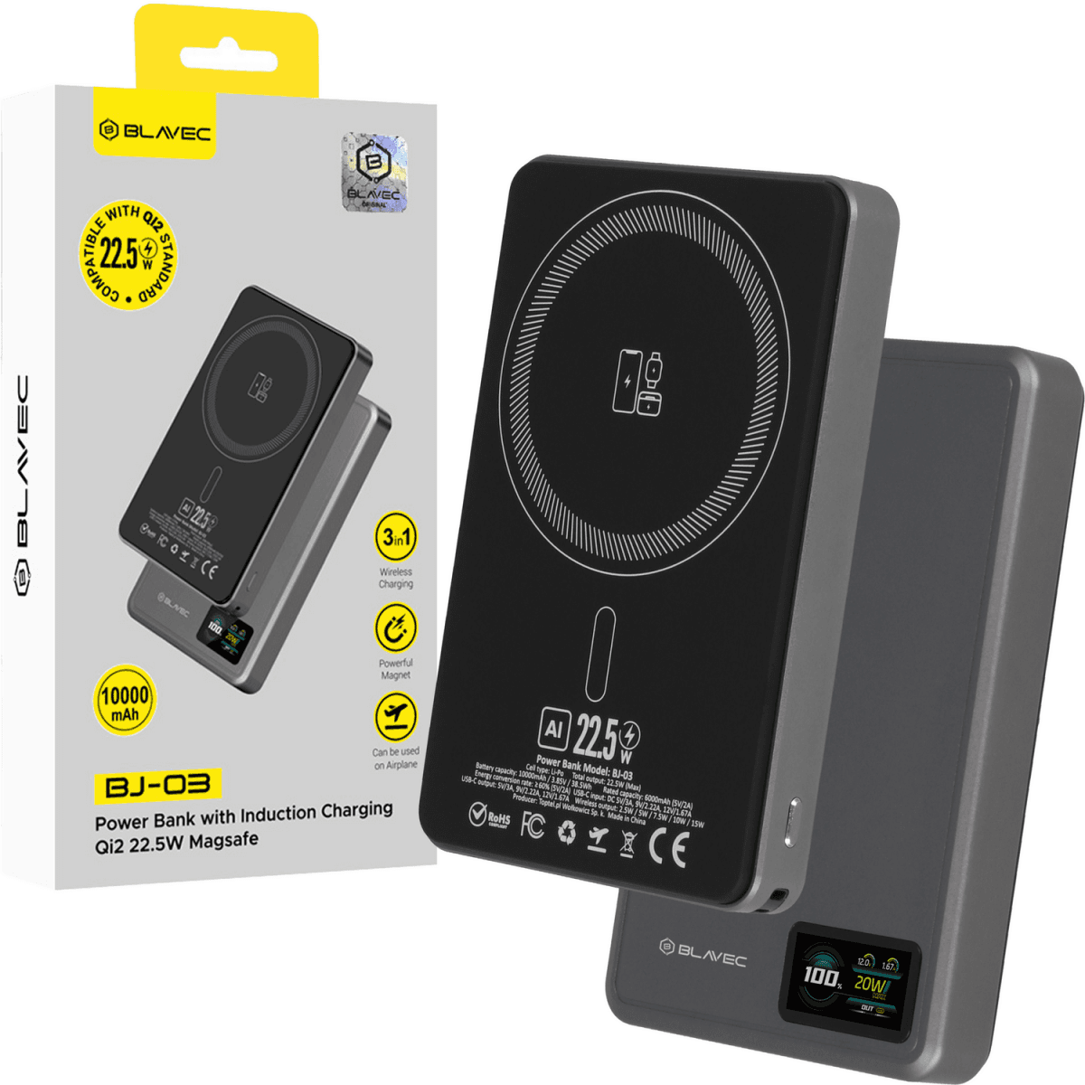Powerbank Blavec BJ-03 Slim 13,5mm 10000mAh USB-C magnetic Magsafe 3v1 (PBBJ03-MC10G) 22,5W grey - náhled 1
