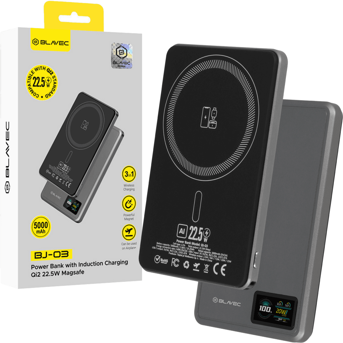 Powerbank Blavec BJ-03 Ultra Slim 7,8mm 5000mAh USB-C magnetic Magsafe 3v1 (PBBJ03-MC5G) 22,5W grey - náhled 1