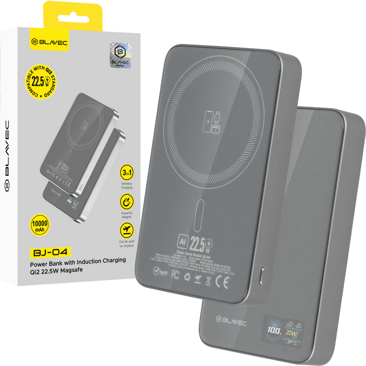 Powerbank Blavec BJ-04 Slim 13,5mm 10000mAh USB-C magnetic Magsafe 3v1 (PBBJ04-MC10G) 22,5W grey - náhled 1