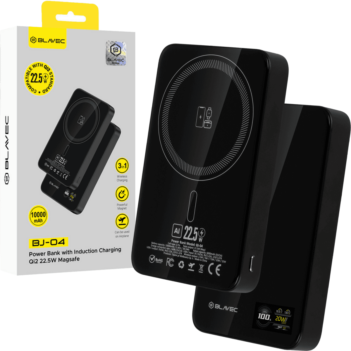 Powerbank Blavec BJ-04 Slim 13,5mm 10000mAh USB-C magnetic Magsafe 3v1 (PBBJ04-MC10B) 22,5W black - náhled 1