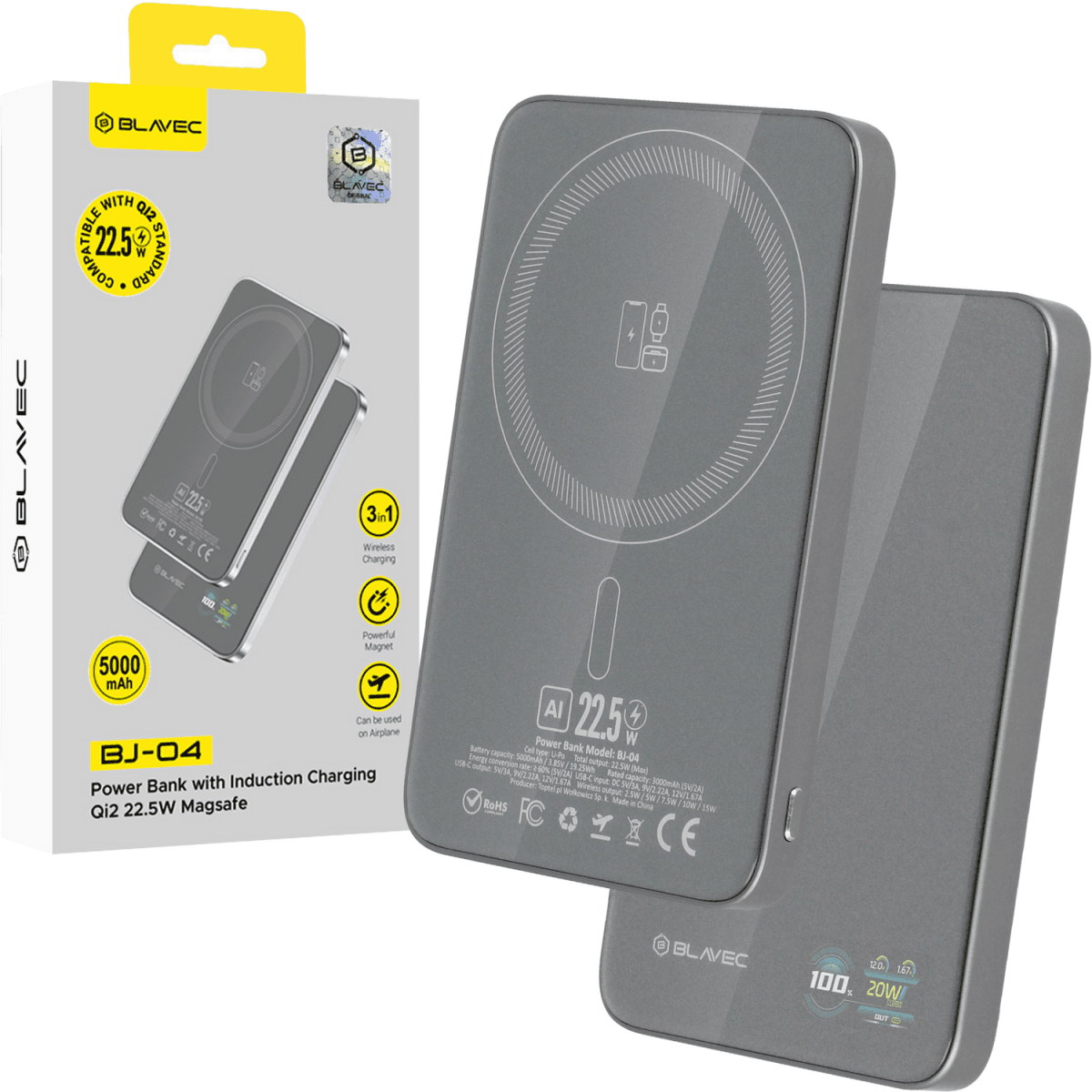 Powerbank Blavec BJ-04 Ultra Slim 7,8mm 5000mAh USB-C magnetic Magsafe 3V1 (PBBJ04-MC5G) 22,5W grey - náhled 1