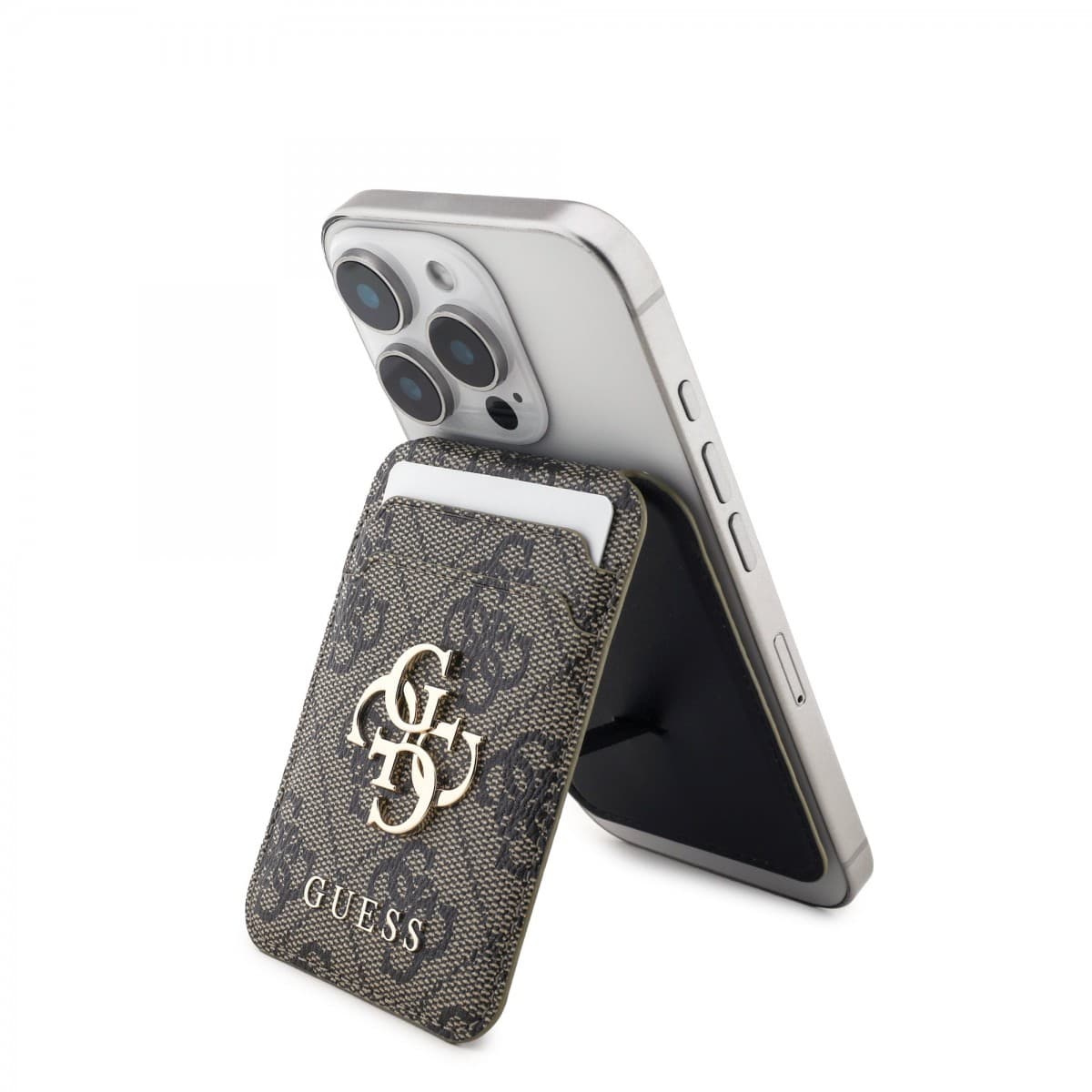 Pouzdro na karty se stojanem Guess 4G Metal Logo MagSafe Cardslot Brown - náhled 1