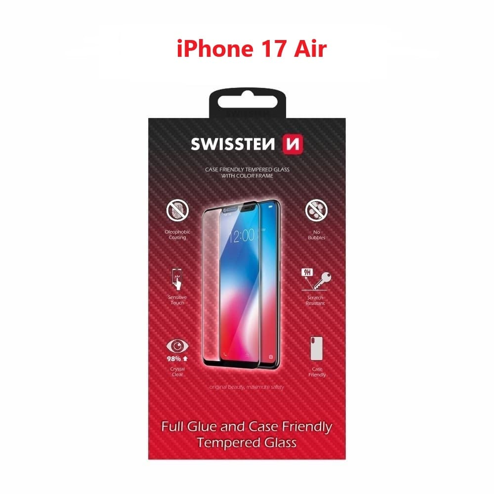 Tvrzené sklo Swissten full glue, color frame, case friendly pro Apple iPhone 17 Air černé