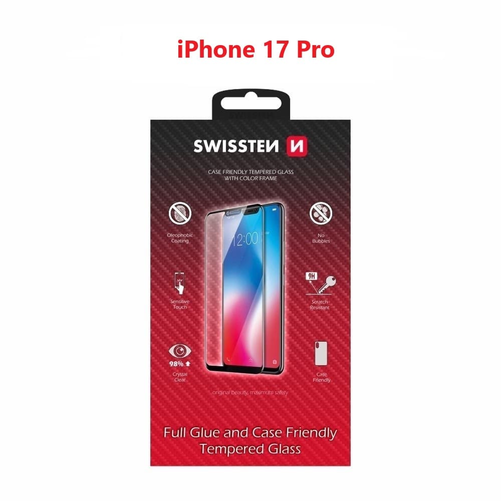 Tvrzené sklo Swissten full glue, color frame, case friendly pro Apple iPhone 17 Pro černé