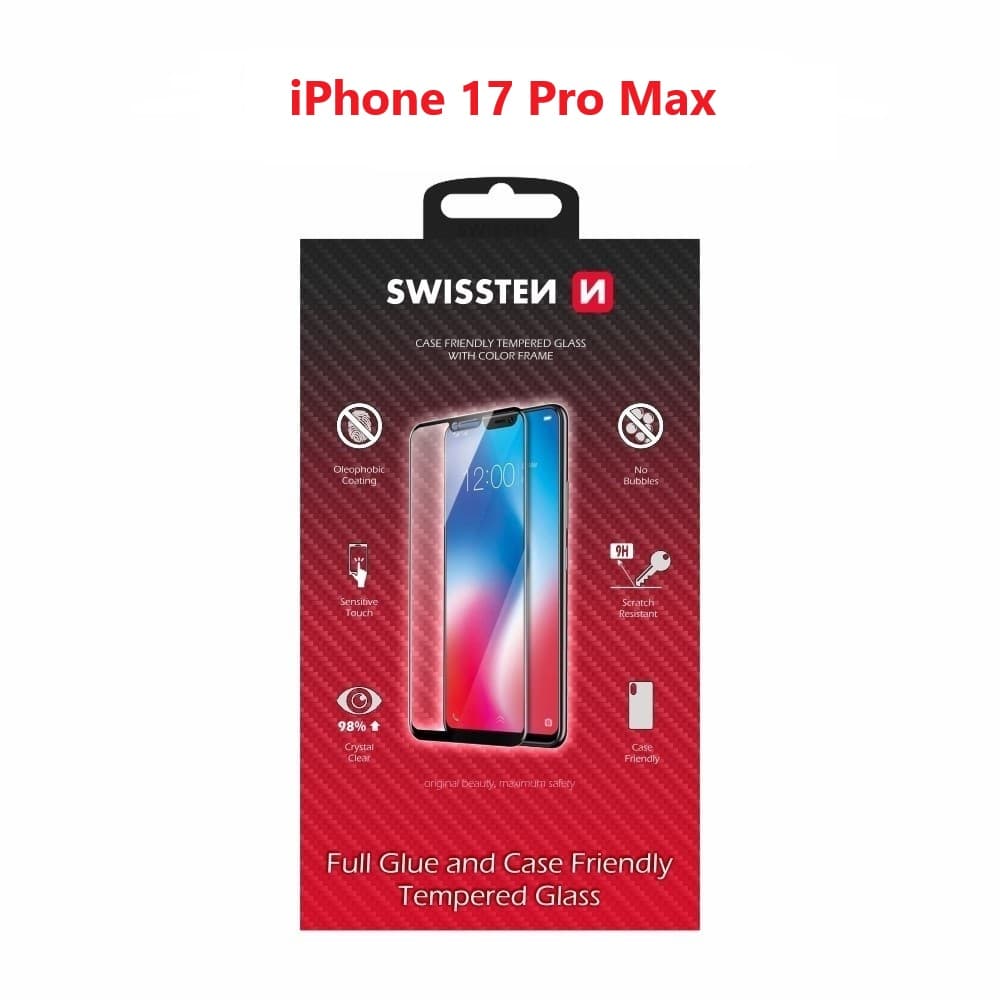 Tvrzené sklo Swissten full glue, color frame, case friendly pro Apple iPhone 17 Pro Max černé