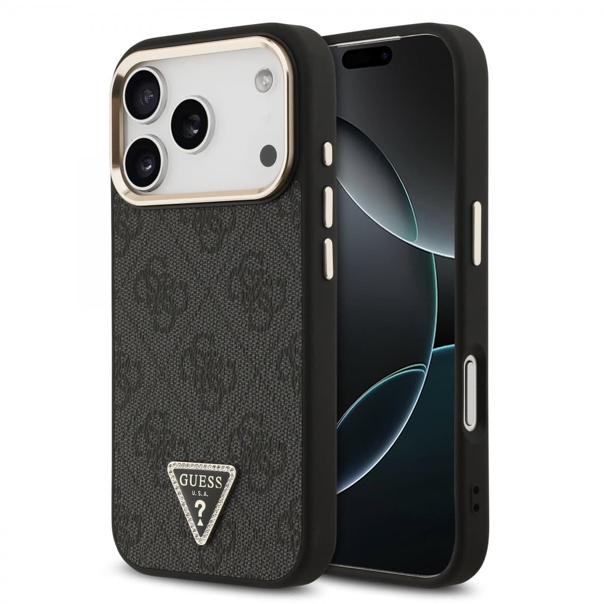 Zadní kryt Guess PU Leather 4G Triangle Logo Gold Frame MagSafe pro iPhone 17 Pro Black - náhled 1