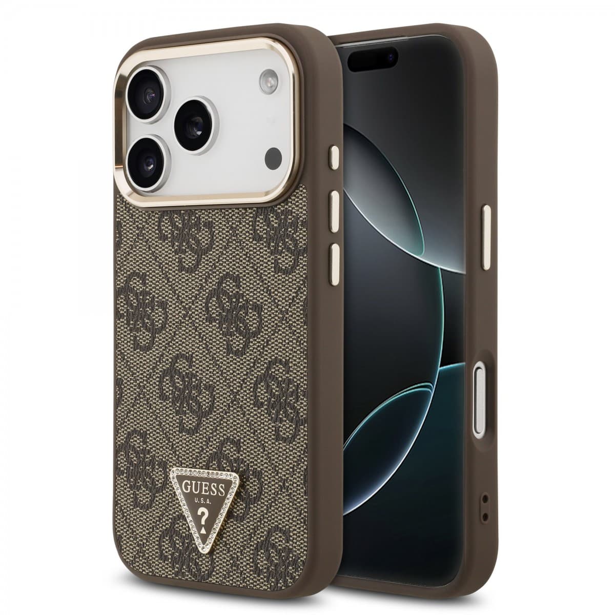 Zadní kryt Guess PU Leather 4G Triangle Logo Gold Frame MagSafe pro iPhone 17 Pro Brown - náhled 1