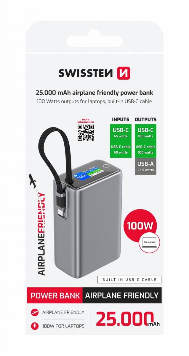 Powerbank Swissten cestovní 25000 mAh (96.25wh) 100W s integrovaným kabelem USB-C šedá - náhled 1