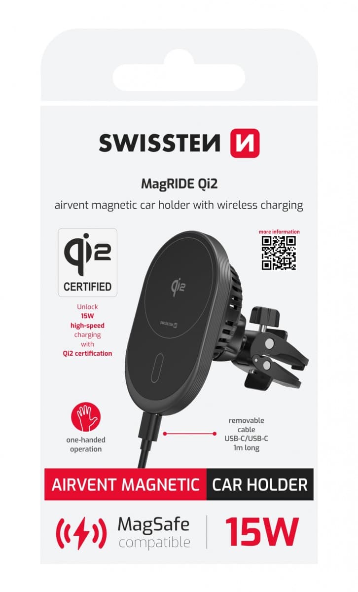 Magnetický držák do ventilace auta Swissten Magride s bezdrátovým nabíjením QI2 15W (kompatibilní s magsafe) - náhled 1