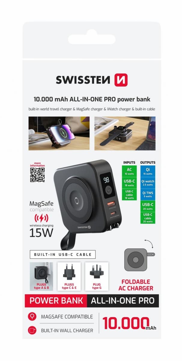 Powerbank Swissten all-in-one Pro s vyměnitelnými vidlicemi (usa, eu, uk) 10000 mAh 20W černá