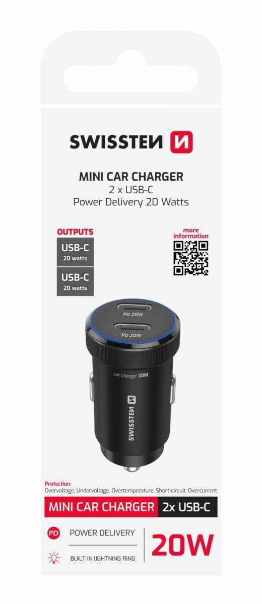 Adaptér do auta Swissten s funkcí rychlonabíjení 2x USB-C 20W černý - náhled 1